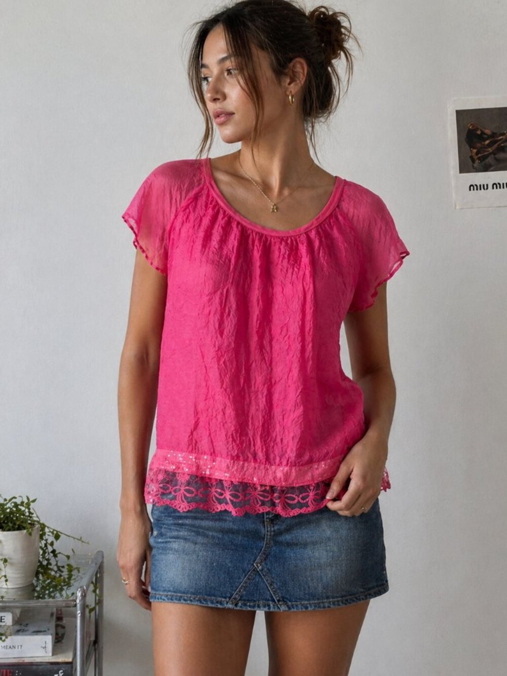 M For Bolide Italian Silk Blouse Pink Made in Italy Women S Sheer Lace Hem Top